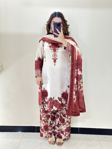 Digital Print swiss lawn 3D print . 3pcs (MEHROON PHOOL)