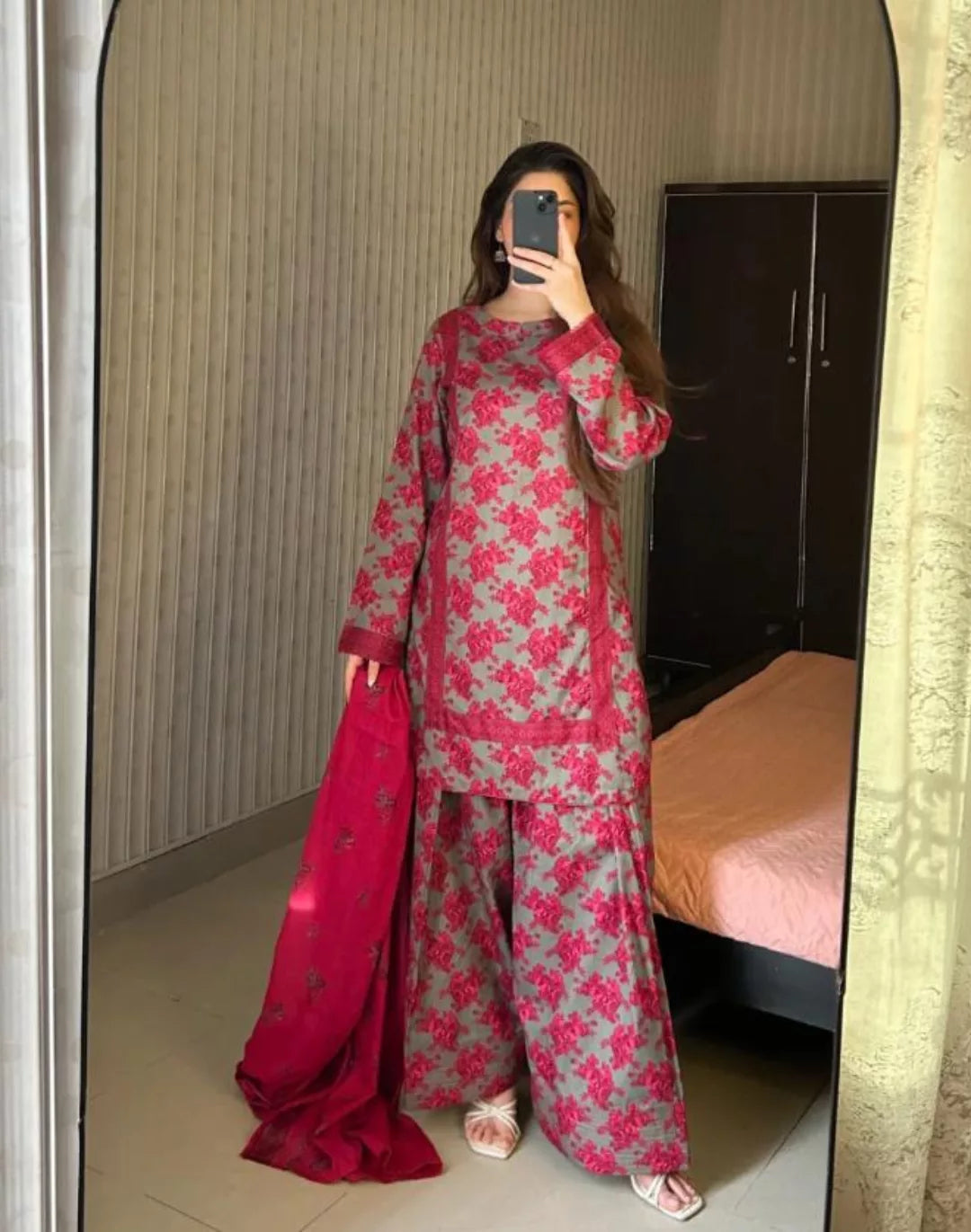 Summer Printed Lawn 3pc Redish